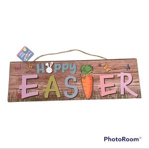 HAPPY EASTER Sign Bunny Carrot Spring Rectangle Wall Hanging Plaque Wood Decor